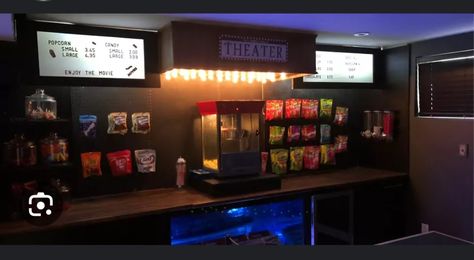 Home Cinema Popcorn Bar, Concession Stand Basement, Home Movie Theater Concession Stand, At Home Concession Stand, Home Movie Concession Stand, Mobile Movie Theater, Theater Room Concession Stand, Home Theater Popcorn Station, Home Theatre Concession Stand