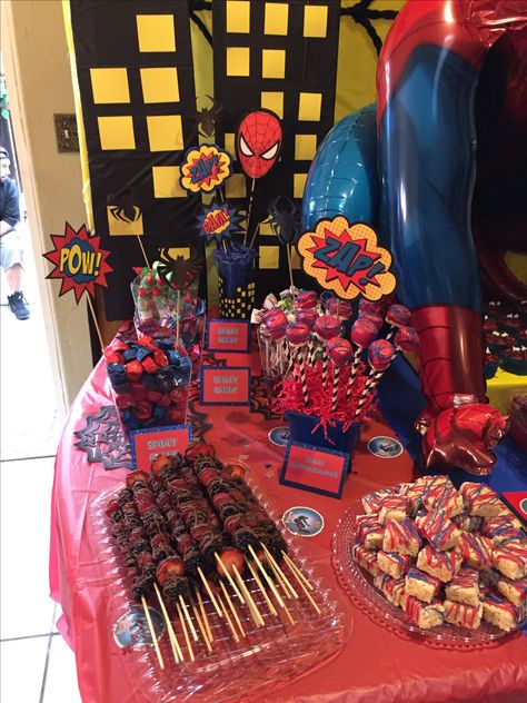 Spider-Man Theme Party Candy table (left side) By: Christina L. Marvel Candy Table Ideas, Spiderman Candy Table Ideas, Spider Man Sweet Table, Spidey And His Amazing Friends Dessert Table, Spiderman Dessert Table Ideas, Spiderman Treat Table, Spider Man Treat Table, Spider Man Candy Table, Spider Man Table Decorations