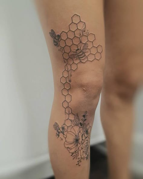 Bee Hive Tattoo, Hive Tattoo, Front Thigh Tattoos, Honeycomb Tattoo, Theme Tattoo, Elbow Tattoos, 4 Tattoo, Tattoos Geometric, Forearm Tattoo Women