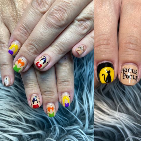 Hocus Pocus Gel Nails, Easy Hocus Pocus Nails, Orange And Green Halloween Nails, Hocus Pocus Acrylic Nails, Cartoon Halloween Nails, Halloween Nails Hocus Pocus, Hocus Pocus Nails Acrylic, Hocus Pocus Nail Art, Hocus Pocus Nail Designs