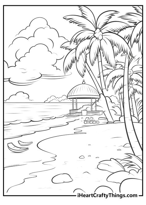 Beach Coloring Pages (100% Free Printables) Vacation Coloring Pages, Beach Coloring Pages, Unique Beach, Shade Trees, Coloring Pages Printable, Page Ideas, Above The Clouds, Tropical Vacation, Animal Coloring Pages