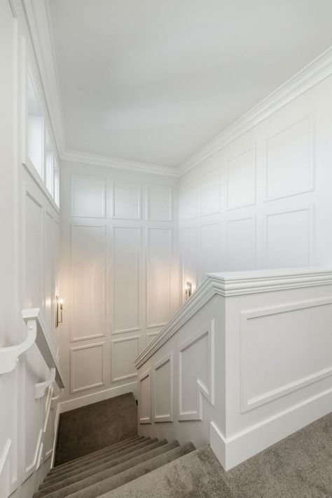 10 Timeless Panel Moulding Looks We Love Stair Moulding, Staircase Molding, Staircase Paneling, Custom Woodworking Projects, Staircase Wall Decor, House Staircase, Staircase Wall, Hallway Designs, Panel Moulding