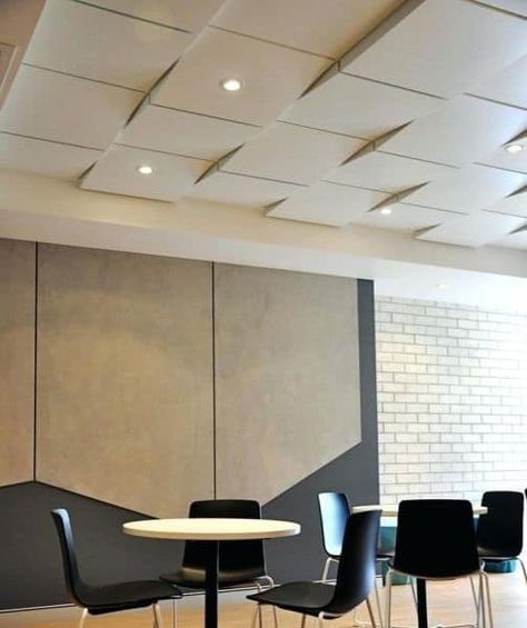 12 Modern Office Ceiling Designs With Trending Pics In 2020.   Gypsum sheets are one of the most preferred ceiling options in homes and commercial spaces. It lends a glossy look that no other ceiling material can match with. Here is one such idea which makes use of gypsum blocks arranged in an irregular fashion. Office Ceiling Tiles, Office Ceiling Design, Ceiling Classic, Acoustical Ceiling, Gypsum Ceiling Design, Acoustic Ceiling Tiles, Designer Ceiling, Office Ceiling, Tiles Designs