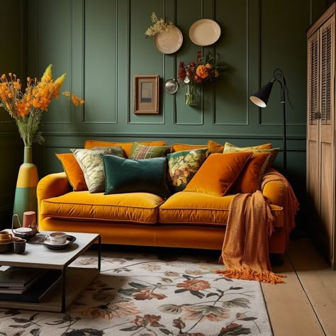 Green Room Orange Sofa, Burnt Orange Velvet Couch, Orange And Emerald Green Living Room, Green Yellow Orange Interior Design, Green Living Room Orange Sofa, Living Room Contrast Colors, Rust Couch Green Walls, Green Sofa Orange Cushions, Orange Sofa Decor Ideas Living Room