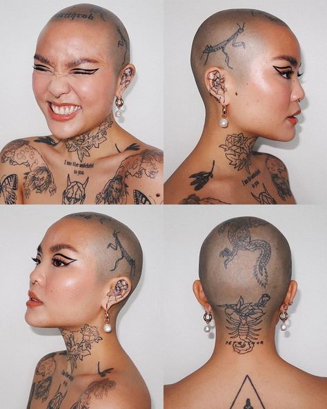 MEI PANG on Instagram: “this photo set made me rediscover my tattoos and that makes me very happy • • • #glossier futuredew  #fentybeauty gloss bomb (glass…” Bald Head Girl, Bald Head Tattoo, Bald Women Fashion, Scalp Tattoo, Bald Head Women, Girls With Shaved Heads, Funky Makeup, My Tattoos, Head Tattoo