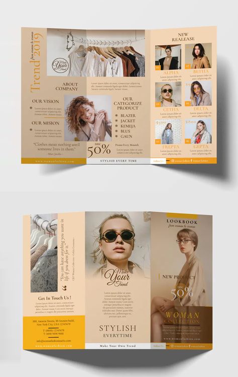 Fashion Trifold Brochure, Brochure Design Fashion, Brochure Design Layout Creative, Fashion Brochure Design, Boutique Flyer Design, Fashion Leaflet, Leaflet Design Ideas, Leaflet Layout, Tourism Design