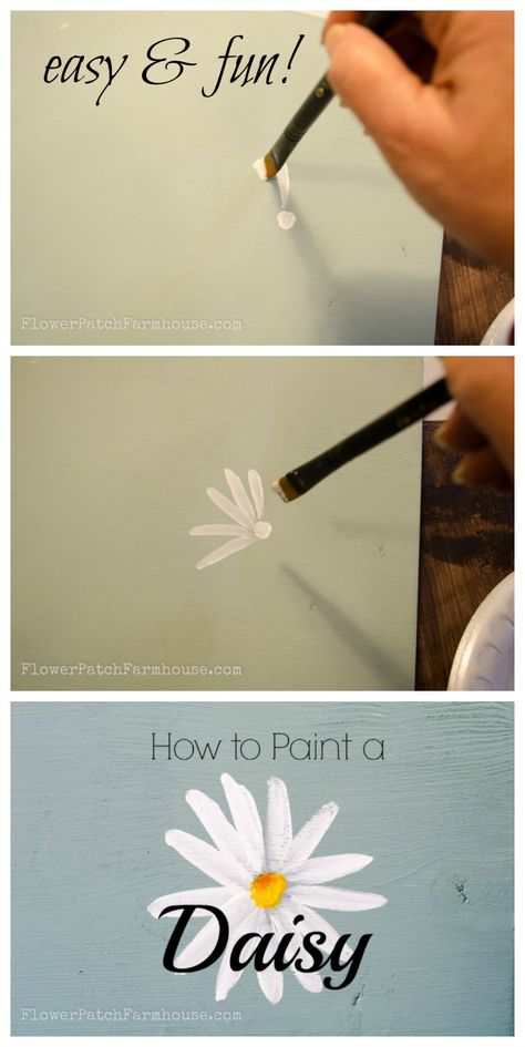 How to Paint a Simple Daisy, one stroke at a time, with video!, FlowerPatchFarmhouse.com Paint A Daisy, Daisy Drawing, Glass Stairs, Daisy Painting, Paint Projects, Cat Air, Canvas Painting Diy, Color Painting, House Paint