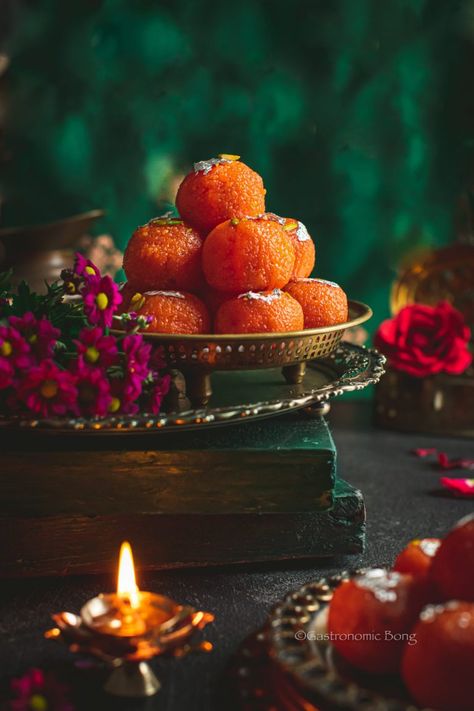 Motichoor Ladoo Recipe | Motichur Laddu - Gastronomic BONG Mango Ladoo Recipe, Motichoor Ladoo Recipe, Motichur Laddu, Motichoor Ladoo, Sweets Photography, Indian Food Photography, Ladoo Recipe, Diwali Photography, Dessert Illustration