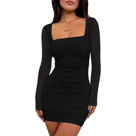 Women's Sexy Ruched Bodycon Mini Dress Mesh Long Sleeve Club Party Short Dress | Color: Black | Size: Various -  #Black #Bodycon #Club #Color #Dress #Long #Mesh #Mini #Party #Ruched #Sexy #Short #Size #Sleeve #Womens Short Party Dresses For Teens, Dress For A Night Out, Mini Dress For School, Cute Black Long Sleeve Dress, Party Dresses For Teen, Short Black Dresses Long Sleeves, Short Party Dress For Teens Black, Full Length Bodycon Dress, Dresses To Go Out