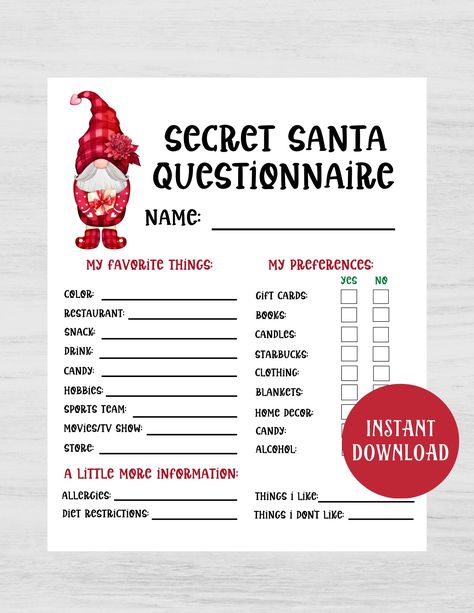 "This Secret Santa Questionnaire is great for your gift exchange!  Great for work parties, school, family, any group that may be having a Christmas or holiday Secret Santa gift exchange.  Print out today for your friends or coworkers.  This is an INSTANT DOWNLOAD, non-editable, form.   THE DETAILS: * Size: 8x10\" * Provided in PDF and JPG format * This is a digital file, no physical item will be shipped to you AFTER YOU PLACE YOUR ORDER: You'll be able to download your printable sign through ETSY when your payment clears (usually less than 5 minutes).  Download and print at home or at your local printer." Gift Exchange Questionaire, Couples Gift Exchange, Secert Santa, Printable Secret Santa Questionnaire, Secret Santa Questions, Secret Santa Form, Secret Santa List, Bulletin Board Tree, Work Secret Santa