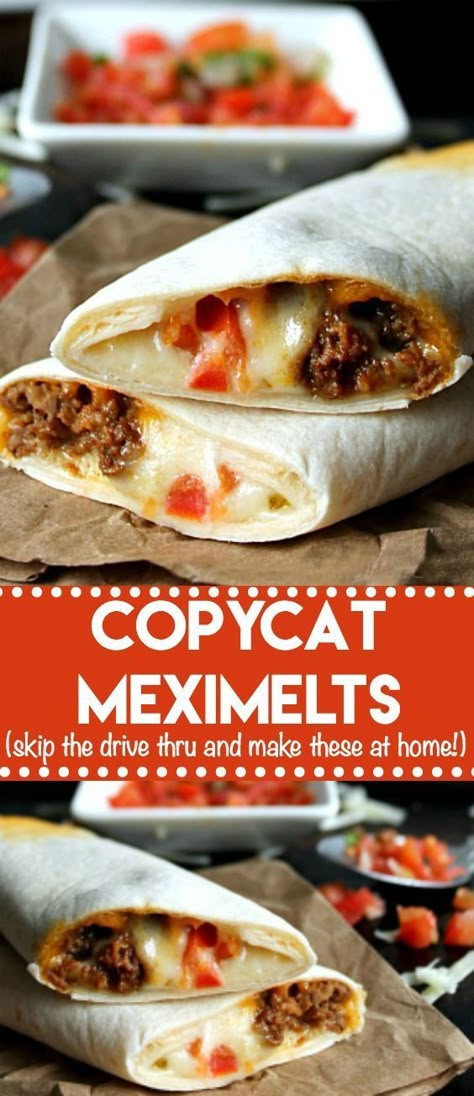 Copycat Meximelts are a drive thru favorite you can make at home! Melty cheese, flavorful beef and pico make these a family favorite! #copycat #tacobell #meximelt #copycattacobell #beefdinner #easydinner #groundbeef #tacos Crockpot Recipes Beef Stew, Diner Recept, Queso Dip, Good Eat, Think Food, Beef Recipes Easy, Cat Recipes, Beef Recipes For Dinner, Taco Bell