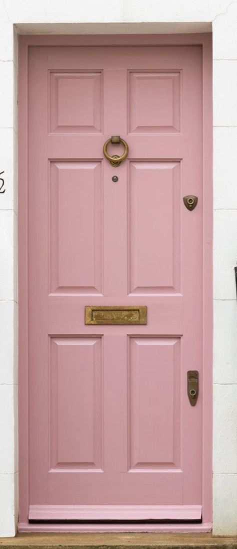 Pink Door Brass Hardware, Blush Pink Door, Pink Doors Front House, Pink Interior Door, Pink Doors, Bungalow Remodel, Front Door Pink, Pink Front Door, Dream Interior