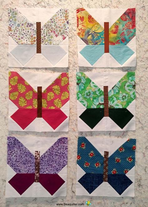 Butterfly color of the month blocks - Beaquilter Free Butterfly Quilt Block Pattern, Butterfly Quilt Blocks Free Pattern, Butterfly Quilt Pattern, Butterfly Quilt, Spring Quilts, Quilt Block Patterns Free, Quilt Block Pattern, Vintage Embroidery, Colorful Butterflies