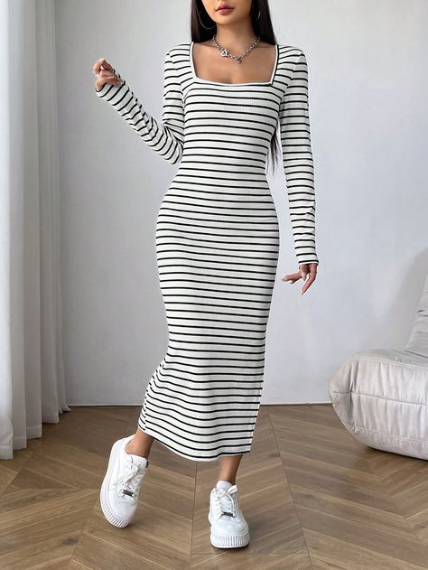 Royal Blue Casual Collar Long Sleeve Fabric Striped Bodycon Embellished High Stretch  Women Clothing Square Neck Dresses With Sleeves, High Neck Dress Outfit, Bodycon Dress Outfit Ideas, Long Bodycon Dress Outfit, Black And White Fits, Bodycon Outfit, Cable Knit Jumper Dress, Square Neck Bodycon Dress, Bodycon Black Dress