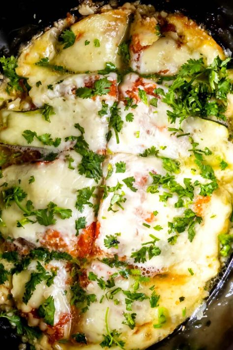 Cheesy, Creamy and So Delicious - Low Carb Eggplant and Zucchini Lasagna in the Crockpot is a Vegetarian, Gluten-free, and Low Carb Lasagna Recipe. Made with Low Carb Crock Pot Lasagna, Crockpot Zucchini Lasagna, Crockpot Eggplant Lasagna, Crockpot Vegetable Lasagna, Low Carb Lasagna Recipe, Lasagna Crockpot, Slow Cooker Eggplant, Low Carb Zucchini Lasagna, Low Carb Lasagna