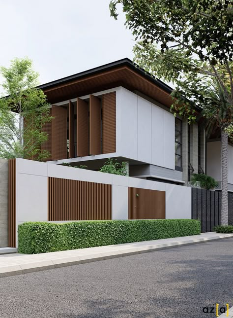 Horizontal Facade Design, Modern House Design Aesthetic, Villa Modern Exterior, Hook House Design, Modern Tropical House Facade, 1 Storey House, Modern Tropical Architecture, Brutalist House, Brick Roof