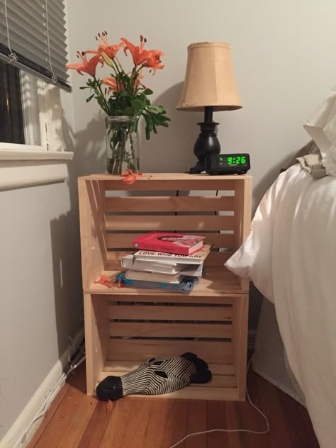 Two wooden crates stacked on top of each to make a night stand. $11.95 each from Home Depot! Wood Crate Bedside Table, Wooden Crate Nightstand, Crate Bedside Table, Wooden Crates Nightstand, Book Crate, Classic Home Design, Bedroom Makeover Before And After, Crate Nightstand, Entryway Table Ideas