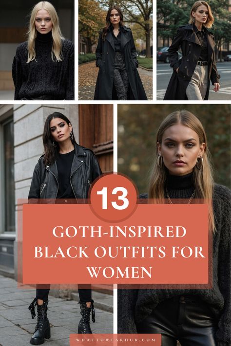 Make a statement with these 13 goth-inspired black outfits that are designed for bold, confident women. These looks offer a mix of dramatic flair and gothic style, perfect for standing out. Embrace your unique style with these powerful outfits that bring gothic elegance to any occasion. #GothicStyle #BlackOutfits #StatementFashion 1950s Gothic Aesthetic, All Black Fashion Aesthetic, Vampy Outfit Casual, Modern Witch Outfit Aesthetic, Dark Style Outfits, Femme Fatale Outfit Classy, Boho Goth Outfits, Powerful Outfits, Dark Feminine Fashion