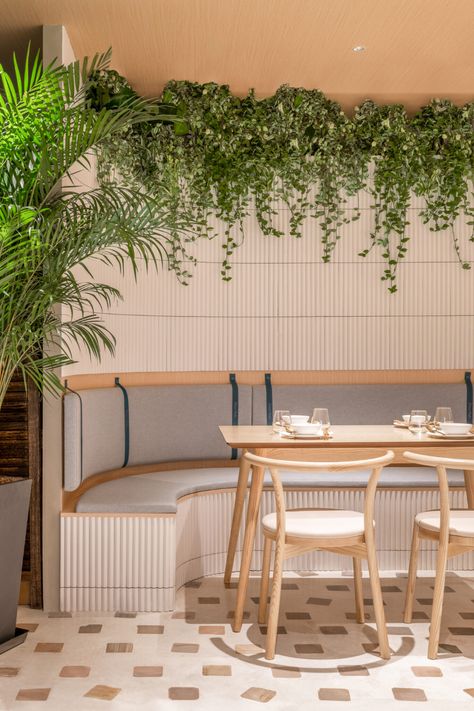 Ethai Café in Shanghai by Quarta & Armando Offers a Fresh Take on Traditional Thai Cuisine - Interior Design Modern Cafe, Terrazzo Flooring, Thai Restaurant, Restaurant Interior Design, Wood Ceilings, Simple Lighting, Outdoor Dining Area, Restaurant Interior, Cafe Interior