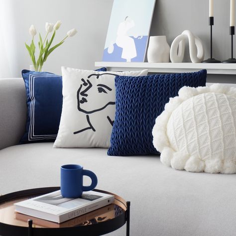 These cushions are so beautiful, the detailed patterns and neat stitches are my fav! Blue and white love. #cushion #blue #interiordesign #interiordecor #interiordesignideas #homedesign #housegoals #homegoals #interior #decor #decoration #design #livingroominspiration #livingroominspo #livingroomdesign #livingroomgoals #livingroomdecor #livingroomideas #livingroominterior #livingrooms #livingroomdecoration #livingroomstyle #livingroomdetails #livingroomstyling #livingroomview Daisy Pillows, Modern Cushions, Pillow Inspiration, Living Room Goals, White Love, White Sofas, White Cushions, Blue Cushions, Room Makeover Bedroom