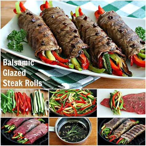 Balsamic Glazed Steak Rolls.  daringgourmet.com Balsamic Glazed Steak Rolls, Glazed Steak, Steak Rolls, Tender Steak, Carb Cycling, Sauteed Vegetables, Balsamic Glaze, Simply Delicious, Low Fat Recipes