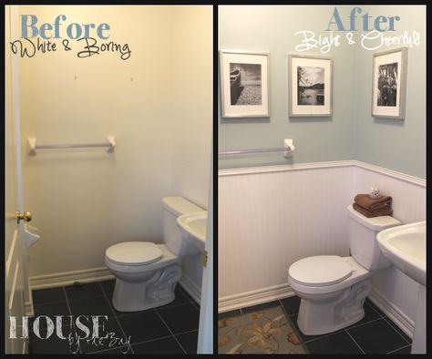 Small bathroom makeover | add trim and paint top and bottom different colors Half Bath Makeover, Makeover Kamar Mandi, Bath Makeover, Small Bathroom Makeover, Downstairs Bathroom, Half Bathroom, Bathroom Redo, Bath Room, Half Bath