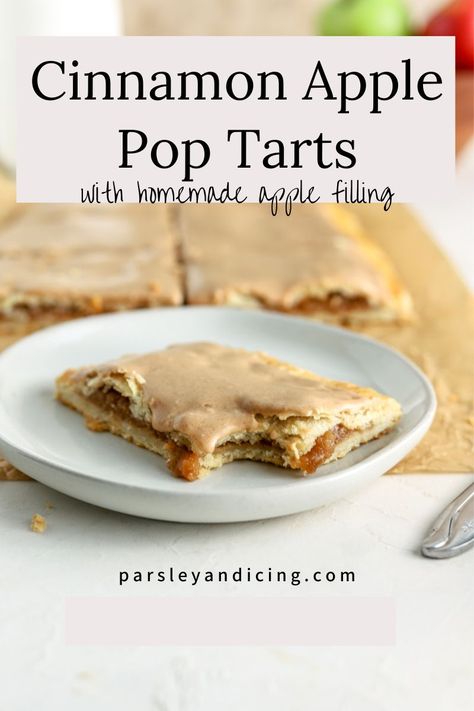 These apple pop tarts are made with flaky pie crust and a warmly spiced homemade apple pie filling. They are topped with delicious cinnamon icing. They make the perfect breakfast or dessert for fall and the holiday season! Homemade Apple Cinnamon Poptarts, Cinnamon Apple Pop Tarts, Homemade Apple Poptarts, Sourdough Apple Poptarts, Apple Butter Pop Tarts, Fall Pop Tarts, Fall Poptarts, Homemade Pop Tarts With Puff Pastry, Pop Tart Filling