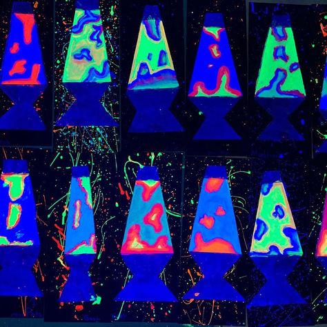 Glow In The Dark Elementary Art, Neon Art Lesson, Lava Lamp Art Lesson, Neon Art Projects Elementary, Glow In The Dark Art For Kids, Blacklight Art Projects, Lava Lamp Art Project, Glow Art Projects, Neon Art Projects For Kids