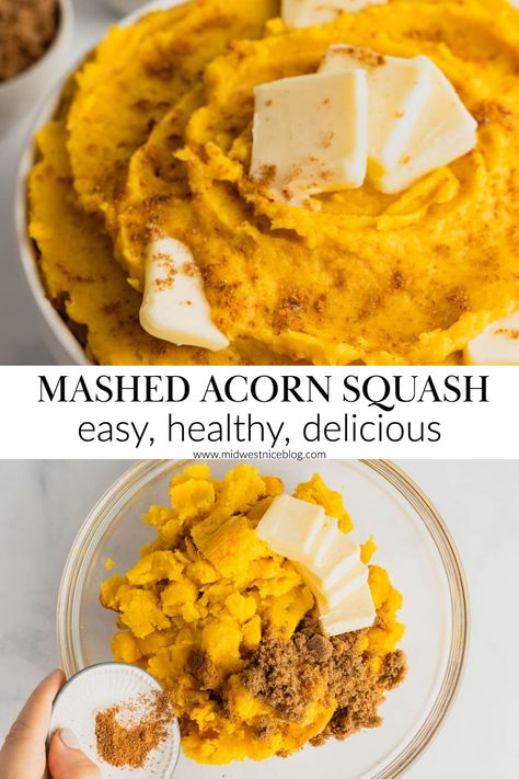 Whip up this healthy holiday side dish in just 35 minutes! Slightly nutty, delightfully buttery, and just a touch sweet, this mashed acorn squash is a delightful side dish recipe that’s flavored with brown sugar, cinnamon, and nutmeg. Acorn Squash Mashed Potatoes, Whipped Acorn Squash, Low Calorie Acorn Squash Recipes, Healthy Stuffed Acorn Squash, Recipe With Acorn Squash, Acorn Squash Recipe Healthy Clean Eating, Healthy Thanksgiving Sides Clean Eating, Acorn Squash Puree Recipes, Butternut Squash And Acorn Squash Recipes