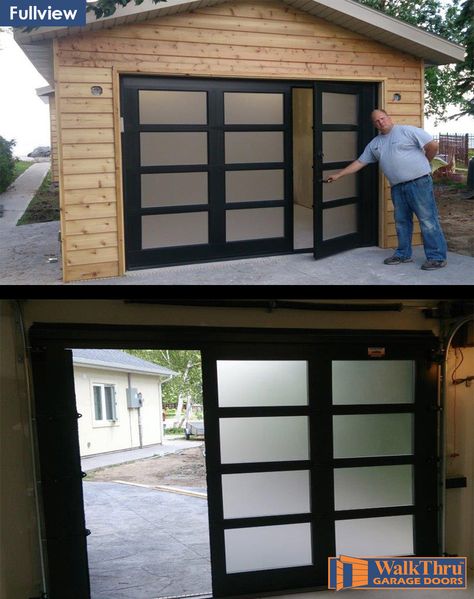 Door Within Garage Door, Garage Door In Dining Room, Glass Garage Door With Passing Door, Shed With Garage Door And Porch, Exterior Garage Conversion Ideas, Change Garage Door, Garage Doors That Open Out, Door In Garage Door, Full Window Garage Door