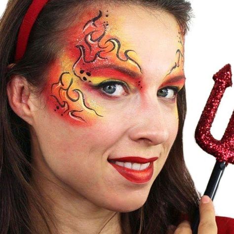 FP: eyelight: flames Fire Flame Costume, Flame Face Paint, Fire Face Painting, Fire Theme Makeup, Fire Face Paint, Flame Eye Makeup, Fire Element Makeup, Fire Fairy Makeup Ideas, Flame Makeup