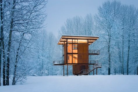 "Delta Shelter" by Thomas Kundig of Olson Kundig Architects in Seattle. DIVINE. Cabin On Stilts, Minimal Architecture, Winter Cabin, Small Buildings, Small Cabin, Cabin In The Woods, Modern Cabin, Cabins In The Woods, House In The Woods