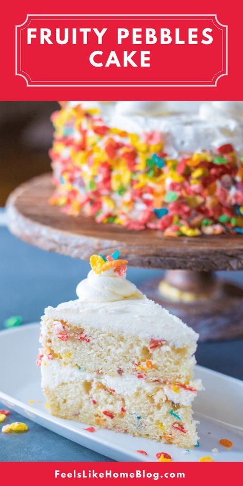 Fruity Pebbles Cake - Feels Like Home™ Cereal Milk Cake, Fruity Pebble Cake, Cake Mix Ideas, Fruity Pebbles Cake, Pebbles Cake, Cereal Flavors, Fruity Pebble, Fruity Pebbles Cereal, Pebbles Cereal