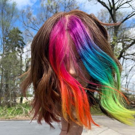 Rainbow Hair With Dark Roots, Half Rainbow Hair, Split Rainbow Hair, Split Dye Vivid, Brown And Rainbow Hair, Fashion Color Money Piece Hair, Rainbow Money Piece Hair, Split Dyed Hair Red And Orange, Rainbow Hair Aesthetic