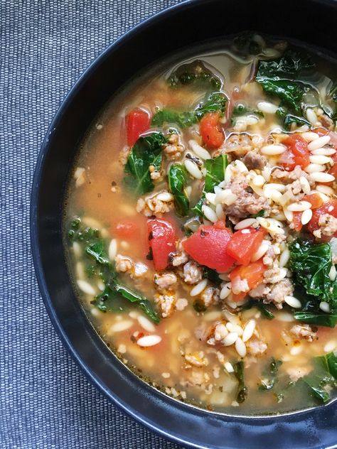 Sausage Orzo Soup with Kale Sausage Orzo Soup, Sausage Orzo, Kale Chicken, White Bean Kale Soup, Orzo Soup Recipes, Soup With Kale, Sausage And Kale Soup, Kale Soup Recipes, Italian Sausage Soup