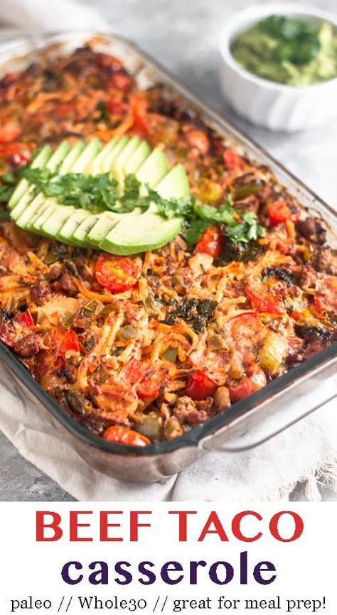 Ground beef, sweet potatoes, peppers and onions, kale, and taco seasoning all baked together in one dish to make a satisfying and comforting paleo and Whole30 beef taco casserole. It's easy to make, healthy, and delicious. Great for meal prep too! - Eat the Gains #whole30 #whole30mealprep #paleo #tacocasserole #glutenfree #dairyfree Paleo Taco Recipes, Potatoes Peppers And Onions, Whole30 Beef, Beef Taco Casserole, Paleo Menu, Simple Paleo, Whole30 Meal Prep, Paleo Cookbook, Fantastic Recipes