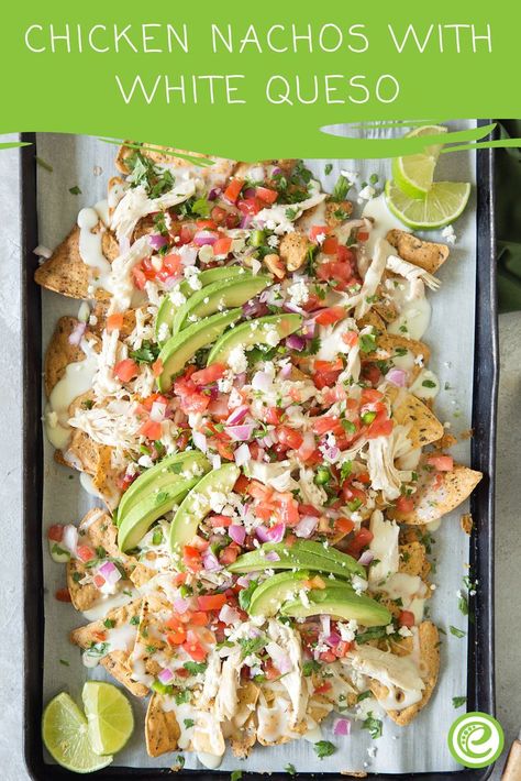 Chicken Nachos with White Queso | eMeals.com White Cheese Nachos, Chicken Nachos With White Queso, White Chicken Nachos, Nachos Recipe With Queso, White Queso Nachos, Chicken Nachos With Queso, White Queso Chicken, White Nachos, Mexican Chicken Nachos