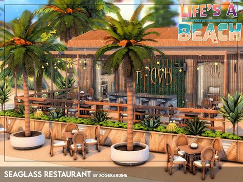 Beachy Restaurant, Sims 4 Beach House, Sims 4 Restaurant, The Sims 4 Lots, Sims 4 Kitchen, Sims 4 Family, Sims 4 Bedroom, Sims 4 House Building, Modern Cafe