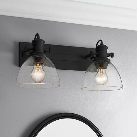 Joanna Gaines Light Fixtures, Black Bathroom Light, Vanity Lights Bathroom, Black Vanity Light, Vanity Lights, Light Vanity, Bathroom Light Fixtures, Bathroom Renos, Wood Mirror