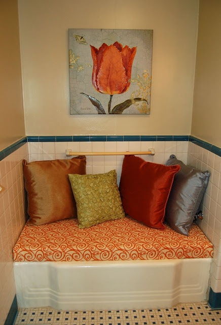 Unused bathtub becomes sitting area + storage!  On the list of Home Depot projects for sure! Bathtub Cover, Bathroom Bench, Old Bathtub, Messy Closet, Diy Bathtub, Installing Shiplap, Tub Cover, Deep Shelves, Garden Tub