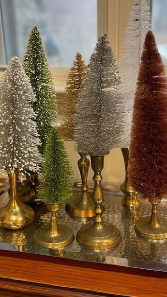 Bottle Brush Tree Candle Holder, Candlestick Christmas Trees, Bottle Brush Tree Decorating Ideas, Bottle Brush Christmas Tree Crafts, Bottlebrush Trees Christmas Decor, Repurposed Christmas Decor, Bottle Brush Trees Display, Bottle Brush Tree Display, Snowmen Decor