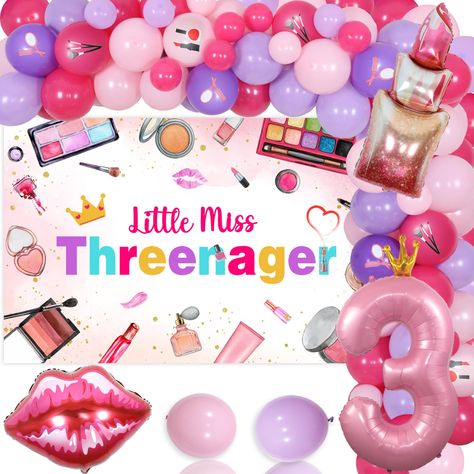 PRICES MAY VARY. Package Includes: The little miss threenager birthday decorations include 54 x latex balloons 12 inches, 15 x latex balloons 5 inches, 1 x little miss threenager backdrop 3 x 5 ft, 1 x lips foil balloon 26 x 18 inches, 1 x lipstick foil balloon 48 x 18 inches, 1 x number 3 foil balloon 40 inches, 1 x balloon garland strip, 1 role of 100pcs adhesive dots, 2pcs white ribbons, 2pcs transparent plastic straws Little Miss Threenager Birthday Decorations: This set is a wonderful cool Threenager Birthday Party Decorations, 3rd Birthday Decorations, Threenager Birthday, Little Miss Threenager, Makeup Birthday Party, Balloons Backdrop, Kids Spa Party, Girls 3rd Birthday, Girly Birthday Party