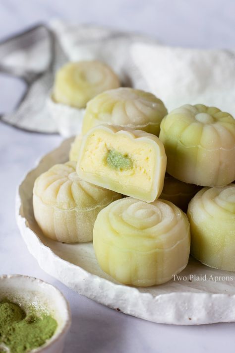 Snow Skin Mooncakes with Custard Filling | Two Plaid Aprons Snowskin Mooncake, Mooncake Recipe, Tea Snacks, Custard Filling, Asian Desserts, Asian Flavors, Mooncake, All Recipes, Mid Autumn