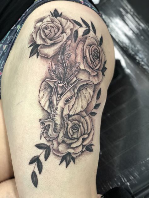 Elephant Rose Tattoo, Elephant And Rose Tattoo, Rose Thigh Tattoo, Rose Tattoo Thigh, Elephant Tattoo Design, Roses Tattoo, Elephant Tattoo, Grey Elephant, Rose Tattoos