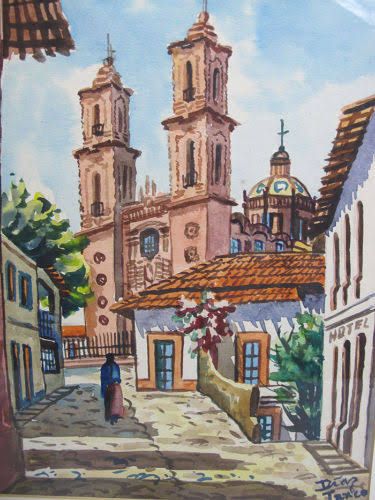 Paintings Of Mexico, Mexico Landscape Painting, Mexico City Drawing, Watercolors Landscapes, Mexico Drawing, Mexico Watercolor, Mexico Painting, Mexico Sketch, Mexican Art Painting