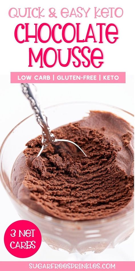 Got a sweet craving? This quick and easy four-ingredient, no bake low carb chocolate mousse recipe will satisfy your chocolate craving, and it takes just a few minutes to whip up! If your sweet tooth tries to sabotage your efforts, having quick, easy, tasty keto dessert recipes on hand can be an excellent tool to beat those cravings back. This recipe is keto, sugar free, gluten free and low carb. Low Carb Chocolate Mousse, Keto Chocolate Mousse, Diet Cookies, Chocolate Mousse Recipe, Keto Friendly Desserts, Guilt Free Dessert, Low Carb Baking, Keto Chocolate, Low Carb Chocolate