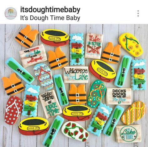 Lake Themed Cookies, Lake Cookie Ideas, Lake House Cookies Decorated, Lake Theme Cookies Decorated, Water Polo Cookies, Land Of Lakes Sugar Cookies, Yacht Cookies Decorated, Lake Decorated Cookies, Lake Birthday