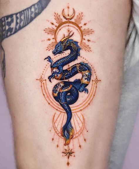 Elegant Dragon, Dragon Thigh Tattoo, Blue Dragon Tattoo, Tatuaje Cover Up, Blue Ink Tattoos, Black Dragon Tattoo, Dragon Ornament, Small Dragon Tattoos, 16 Tattoo