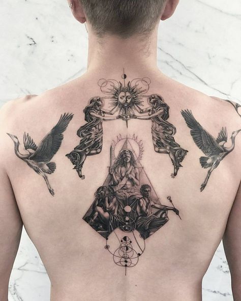 Symmetrical Back Tattoo, Symmetrical Tattoo, Body Tattoo Design, Small Chest Tattoos, Created To Create, Back Piece Tattoo, Beauty Marks, Greek Tattoos, Stylist Tattoos