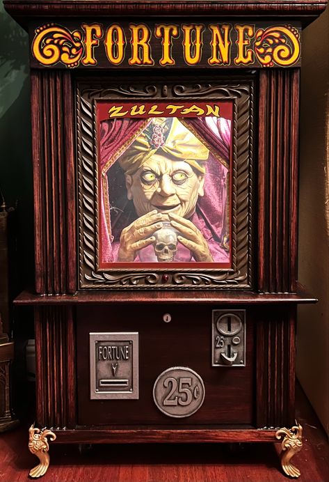 Wanted a fortune teller machine, so I built an endtable around a Gemmy Zultan fortune teller machine. Has a pull out shelf on top, and a drawer on the bottom. 3 D printed the “metal” items and legs. Lit the inside separately, to control remotely. Fortune Teller Booth, Fortune Teller Machine, A Clockwork Orange Movie, Orange Movie, Pull Out Shelf, Carnival Themed Party, Founders Day, Clockwork Orange, Halloween Scene